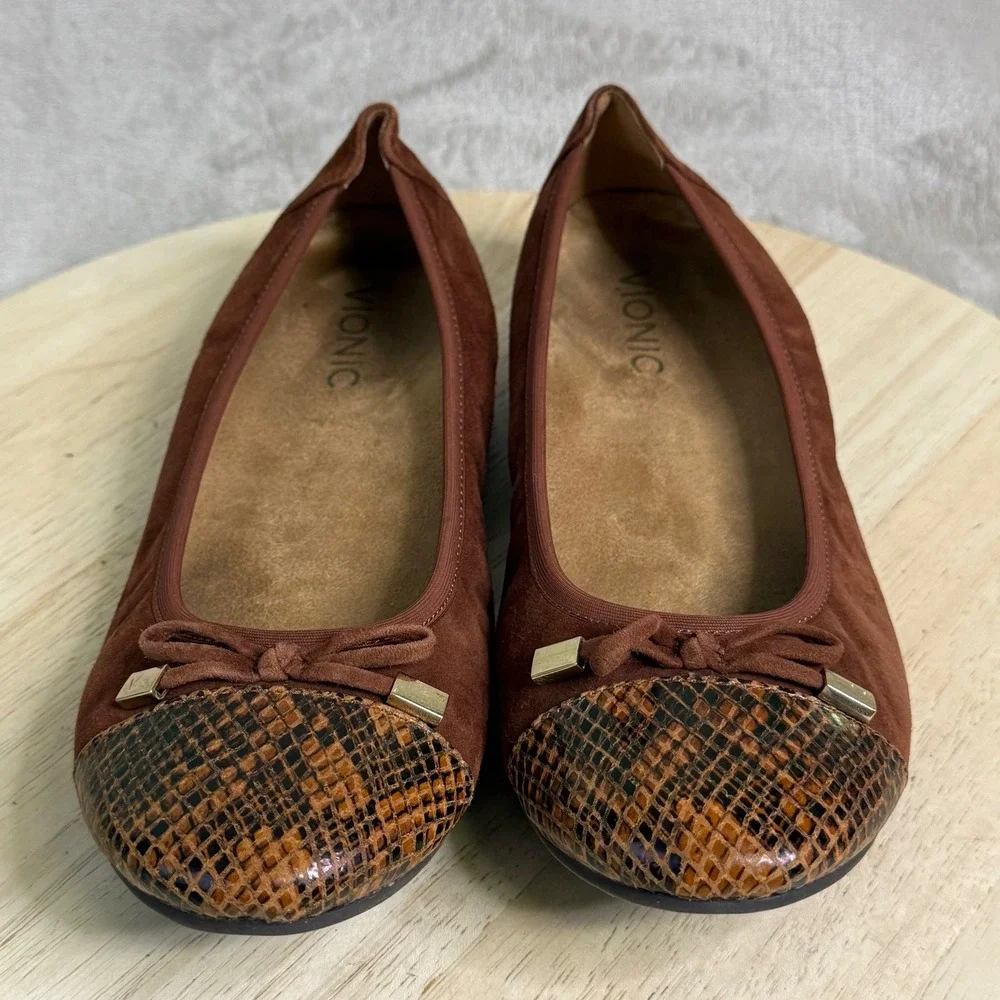 Vionic Minna Brown Suede Snake Toe Ballet Flats Orthotic Shoes Womens 7 359MINNA